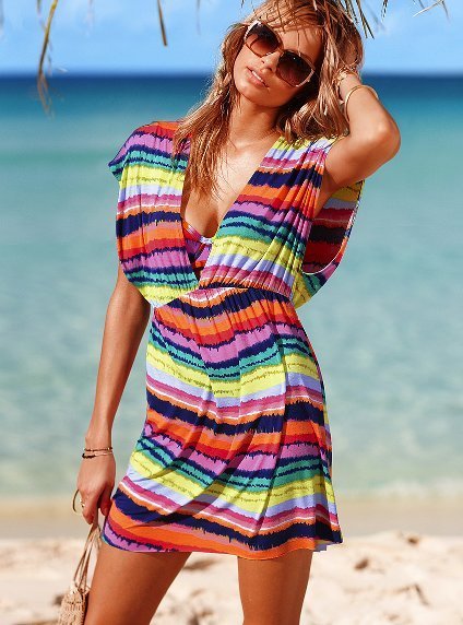 Rainbow skirt victoria deep V-neck beach dress bikini shirt sun protection swimwear one-piece dress skirt