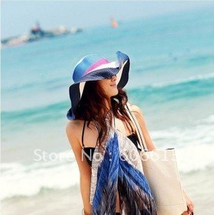 rainbow women straw beach hat, wide brim floppy summer hat, 8pcs/lot, free shipping