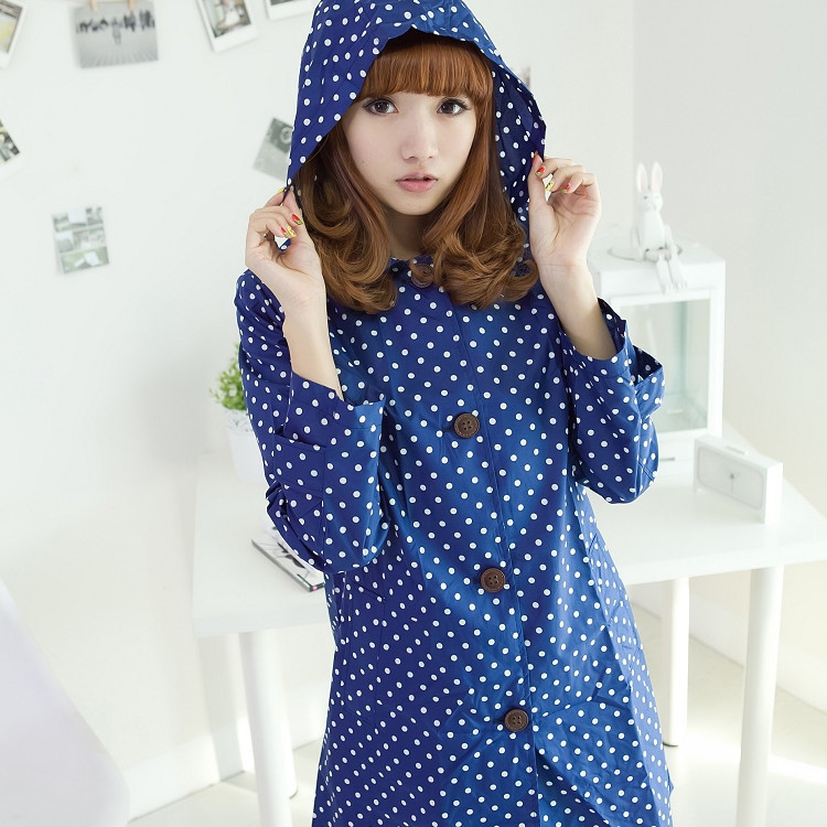 Raincoat fashion polka dot button with a hood raincoat set poncho trench raincoat navy blue