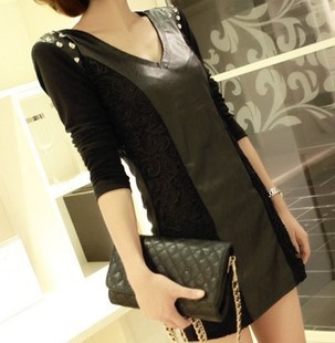 Random fashion autumn and winter slim punk lace patchwork rivet leather long-sleeve one-piece dress female