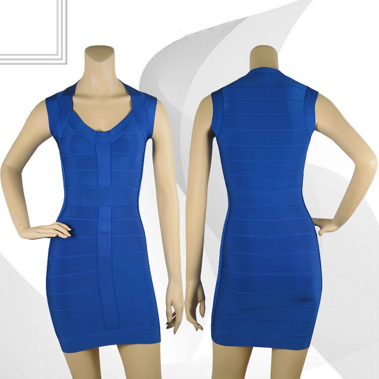 Rayon Knitted Elastic Bandage Dress H246 Sleeveless Ladies Brand Evening Dress  Blue