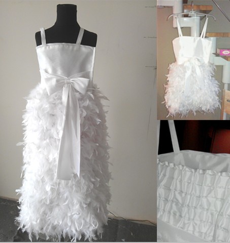 Real 2013 Spaghetti Strap Feathers Bow Satin Sleeveless Mid-Calf Lovely Ball Gown Flower Girl Dresses Custom Made