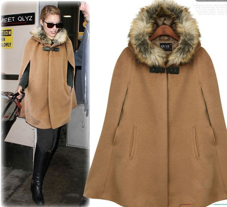 Real fur hooded cloak coat with cashmere wool coat female jacket coat, Clothes Women,Jackets Women,Trench Coat