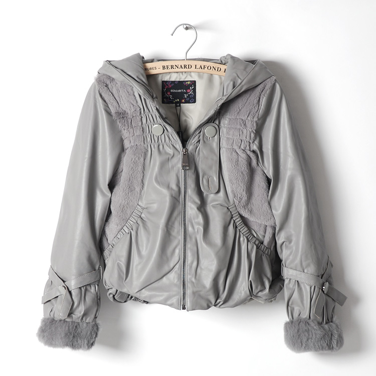 Real fur hooded PU patchwork design leather female short down coat down coat 0.97kg