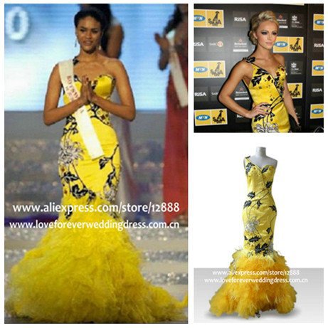 Real Model Yellow One Shoulder Mermaid Feather Celebrity Evening Dress 2012