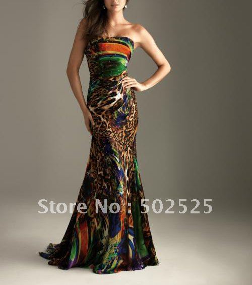 Real Photoes Printing Fabirc Pleat and Bead Handwork Strapless Mermaid Evening Dress OL101829 Free Shipping