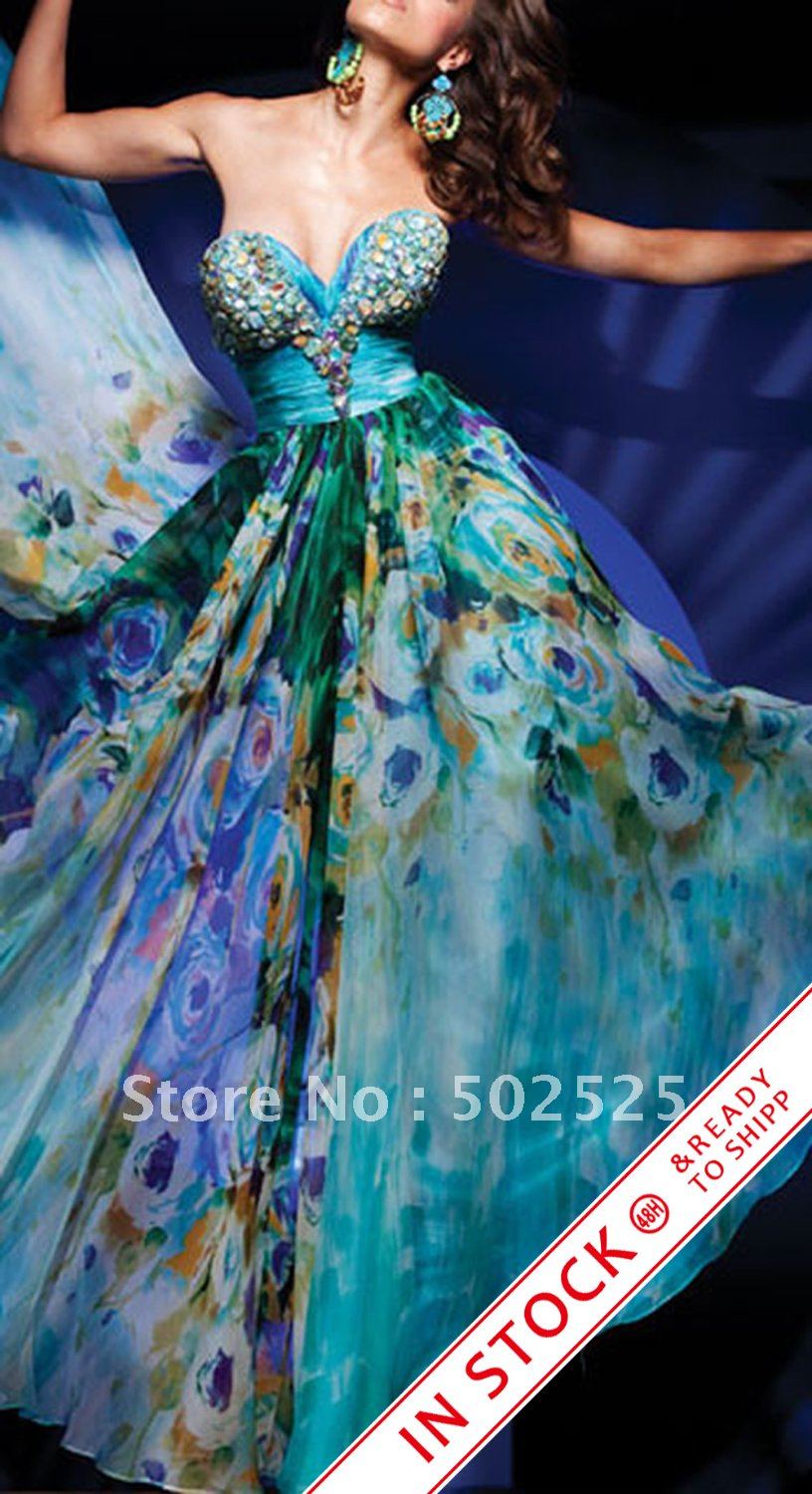 Real Photoes Printing Fabirc Pleat and beading handwork Strapless Teal Evening Dress OL101871 Free Shipping