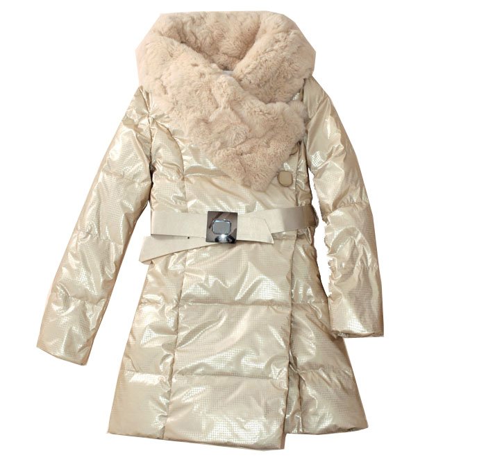 Real Rabbit Hair Fur Collar Women's Warm Down Coat Single Breasted Belt Gold Fashion Outwear Hot Sale! Free Shipping Big 02021