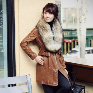 Real raccoon fur collar fur coat long coat Slim detachable fur female jacket winter new leather free shipping