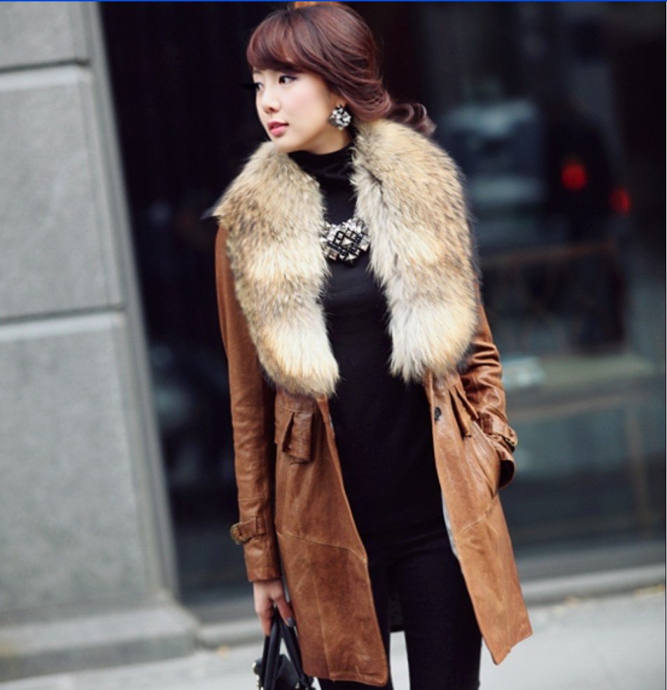 Real raccoon fur collar women fur coat long slim female jacket water washed PU leather jackets h258