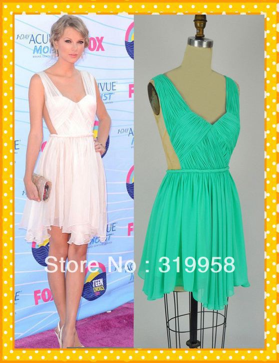 Real Sampl Custom Short White Green Ruffles Chiffon Backless Sexy Evening Party Celebrity Prom Cocktail  Dress dresses 2013 Gown