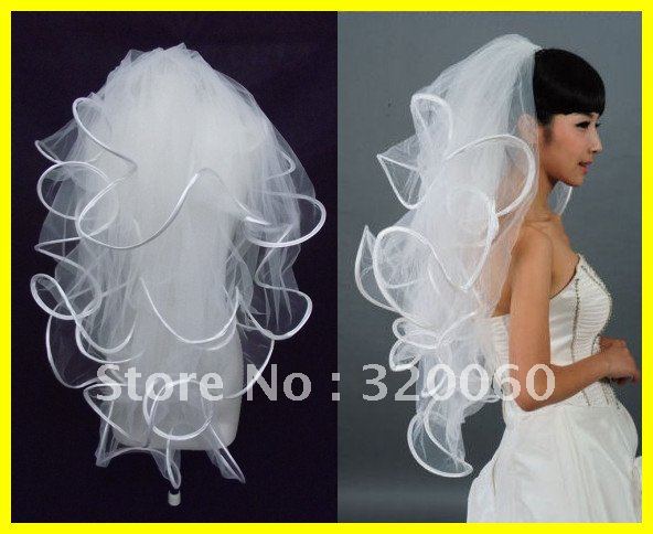 Real Sample 2012 Top Quality 4T White Ivory Wedding Bridal Veils 19x27x33x40 inches Ribbon Edge Comb Veil Headwear