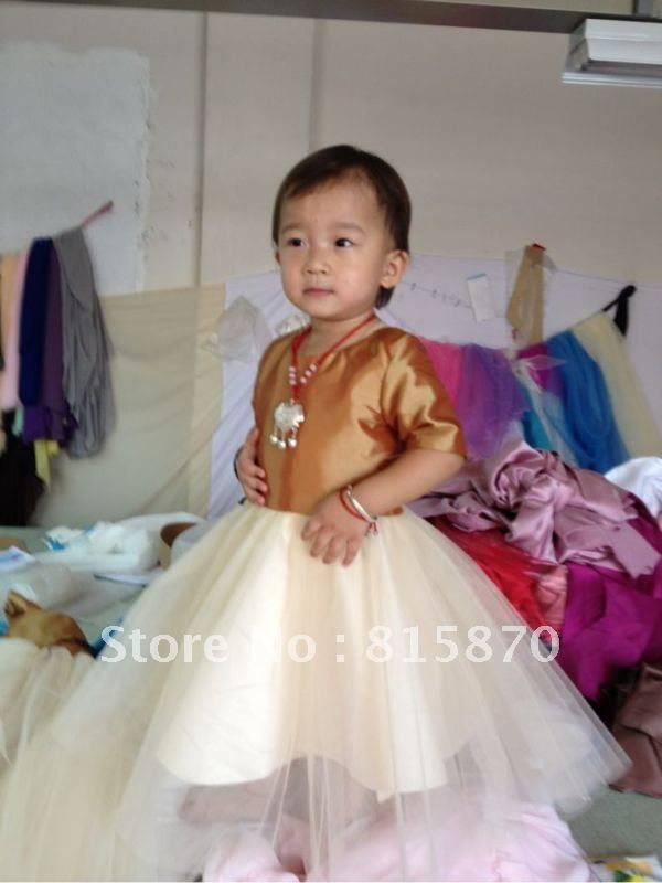 real sample free shipping latest A-line short sleeve floor-length  taffeta    lovely  flower girl dress