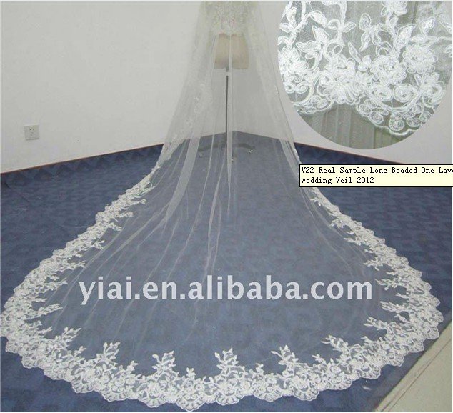 Real Sample Long Beaded One Layer Lace wedding Veil 2012