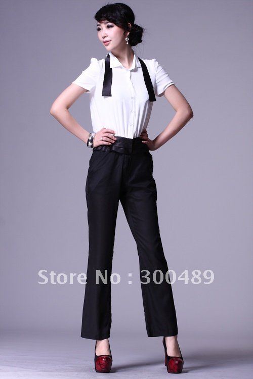 Real Silk pleated waist silk black and white tiles Siamese trousers
