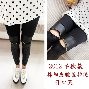 Recessionista 2013 autumn cotton leather knee zipper jack purcell ankle length trousers legging
