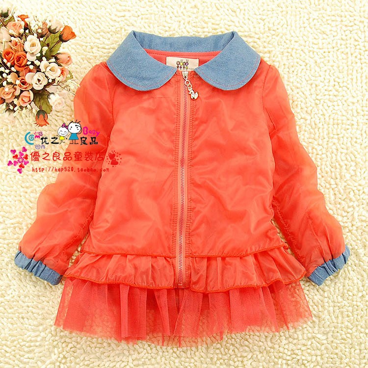 Recovers the children's clothing female child spring 2013 child denim lace baby outerwear cardigan solid color trench