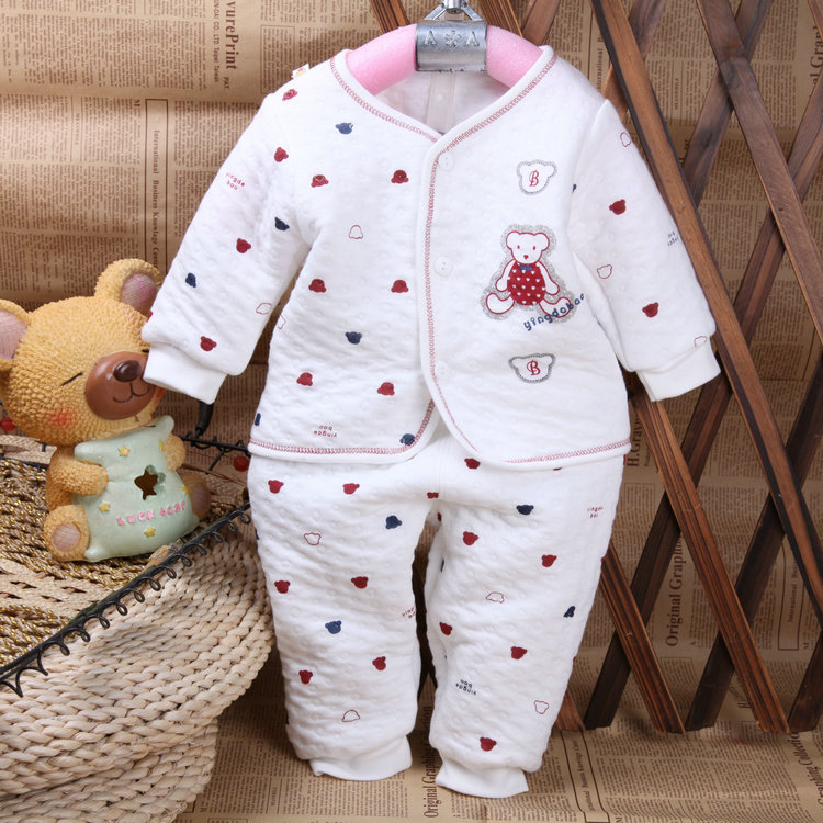 Recurrent bear front button cotton-padded thermal underwear newborn baby thermal underwear 100% cotton set