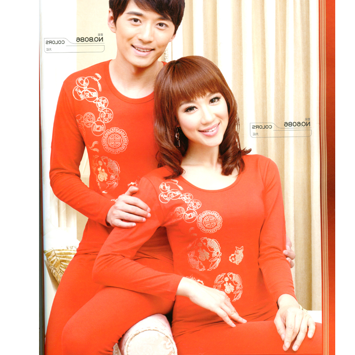 Red 100% cotton set o-neck thin thermal underwear long johns long johns