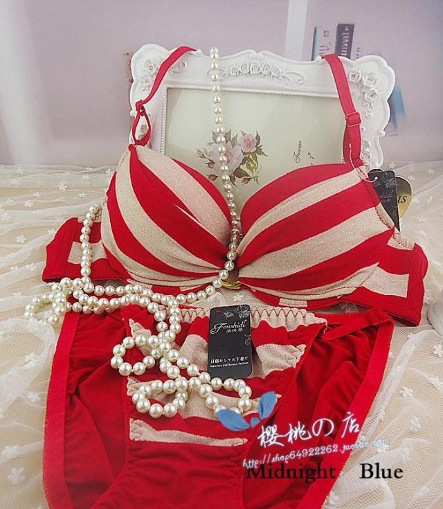 Red and white stripe bright gold line metal buckle push up underwear bra set