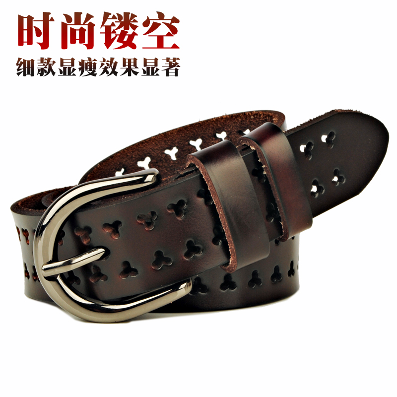 Red belt female cutout pin buckle cowhide strap women's genuine leather