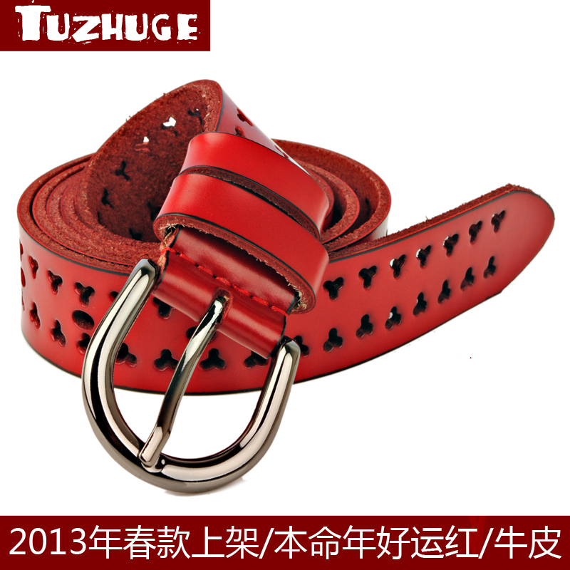 Red belt female pin buckle strap women's genuine leather 2