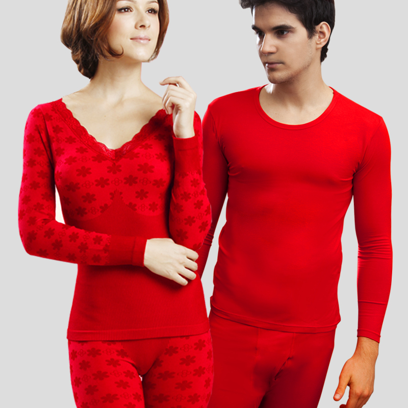 Red big o-neck slim lovers cotton sweater thermal long johns underwear set long johns set