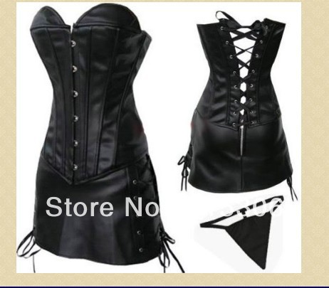 Red / Black Sexy Boned Leather Corset, Sexy Lace Up Bustier + Leather skirt + T string Set Lingerie