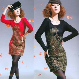 Red/Black Size:M,L,XL,XXL,3XL,4XL Phoenix Embroidery Slim plus size vintage long-sleeve dress  women clothing women dress