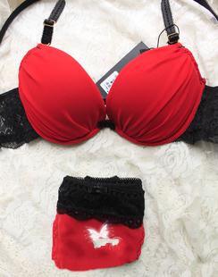 Red black . sweet red sexy push up bra breasted 3 adjustable underwear set