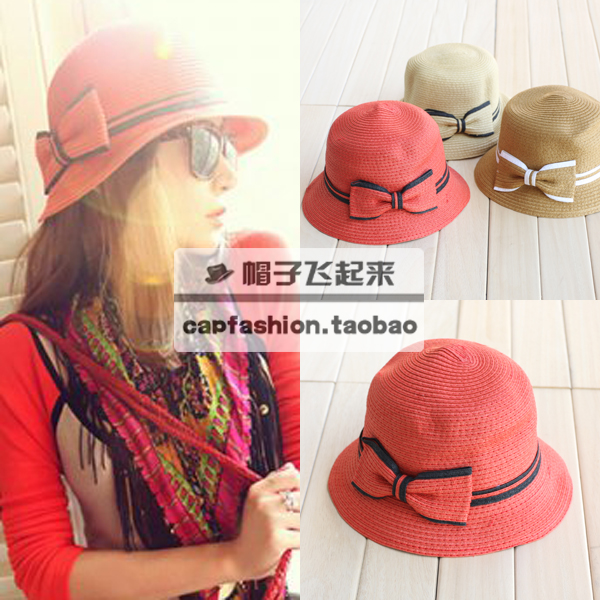 Red bow strawhat women's sunbonnet straw braid fedoras bucket hat bucket hats