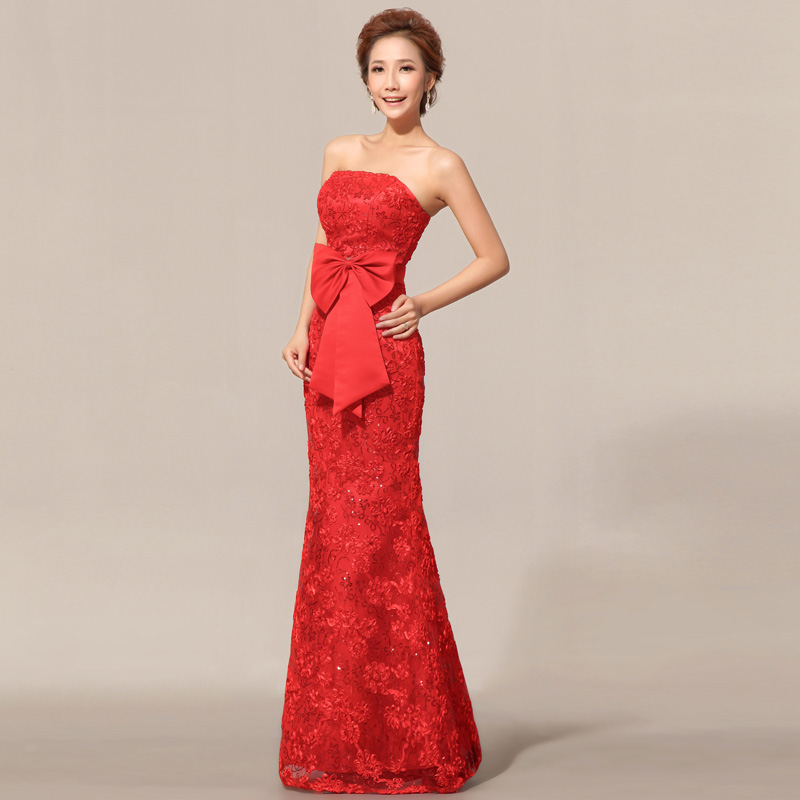 Red bridal flower lace tube top evening dress evening dress