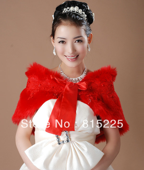 Red Bridal Wraps Free Size Beaded Faus Fur Wedding Accessories Decoration Jacket Applique Beaded  Ribbon Bow  Elbow