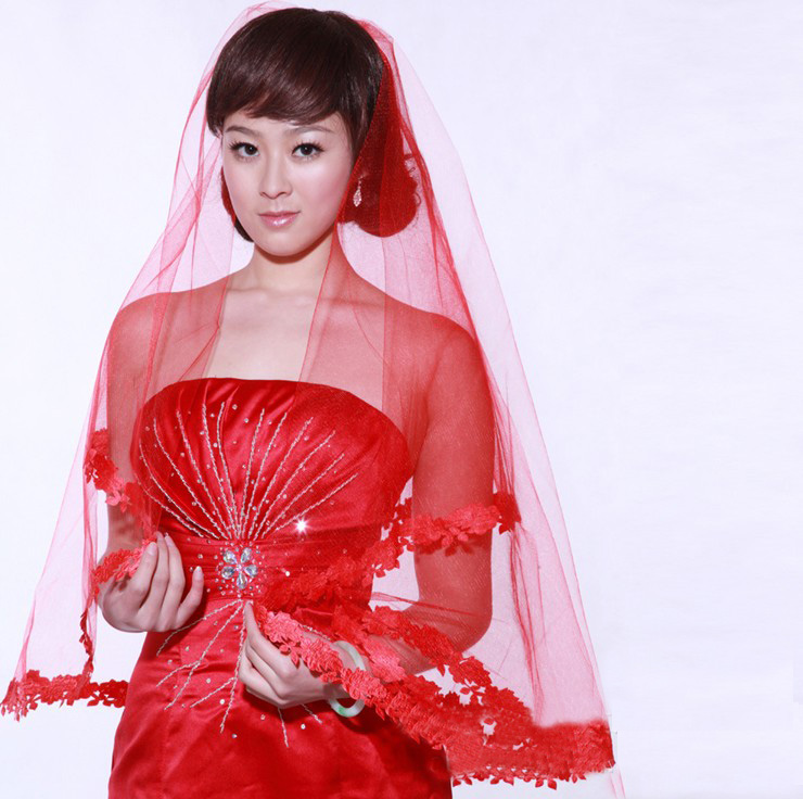 Red bride veil single tier 1.5 meters laciness veil accessories