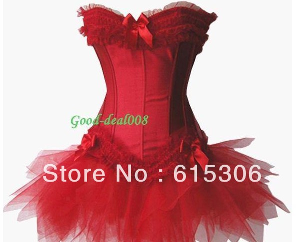 Red Burlesque Lace Up Corset Bustier TUTU Skirt Moulin Rouge Lolita FANCY DRESS S-2XL