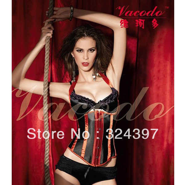 Red Burlesque Sexy Boned Lace up Underbust Corset Top with Straps Customes Set S-2XL