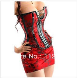 Red Bustier Cincher Overbust Bride Corset Sexy Lingerie With Mini Skirt G-string S-2XL   M0162