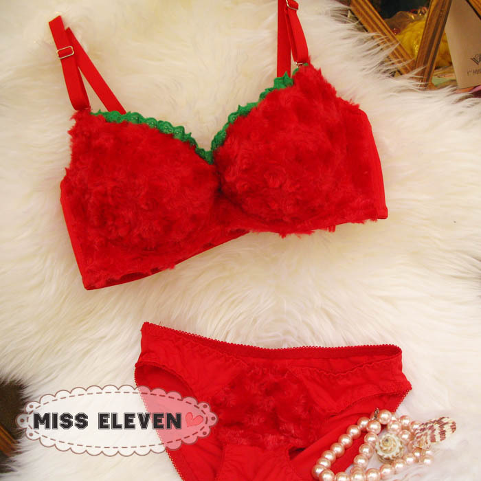 Red christmas plush push up underwear bra set