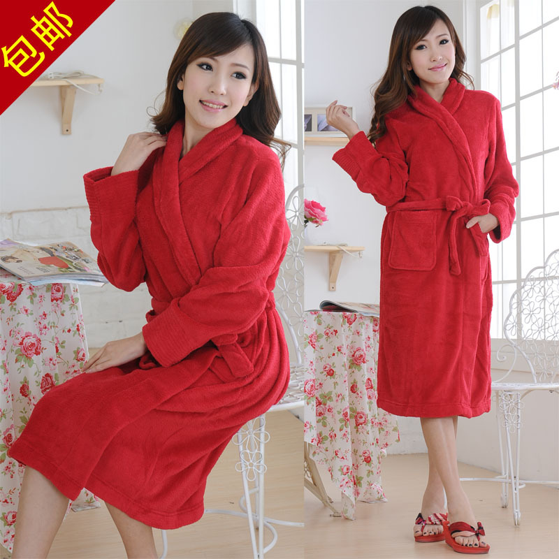 Red coral fleece medium-long women's robe bathrobes lounge plus size spring and autumn