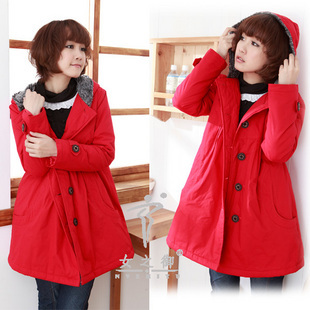 Red cotton-padded winter maternity outerwear trophonema with a hood wadded jacket maternity clothing