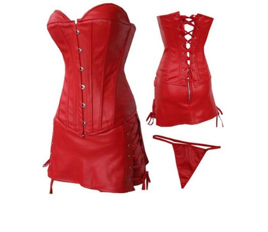 Red faux leather boned lace up corset bustier +Mini skirt+G-string  showgirl  dropship  S-2XL