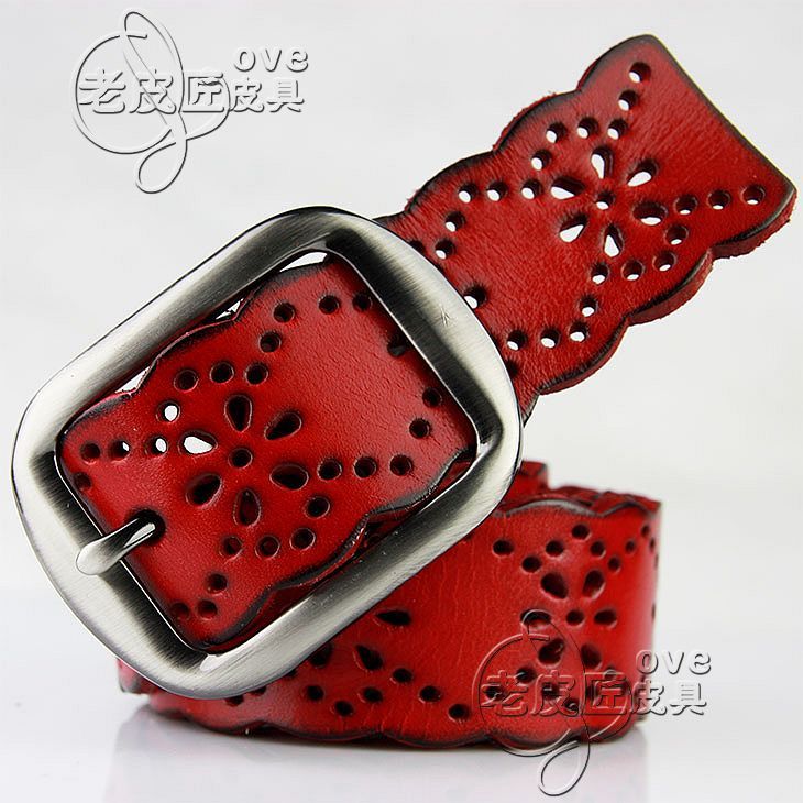 Red female strap red belt first layer of cowhide genuine leather women's strap flower cutout strap