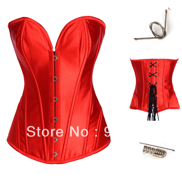 Red Full Steel Boned Corset Bustier Top Heavy Lacing Overbust Shaper S-2XL