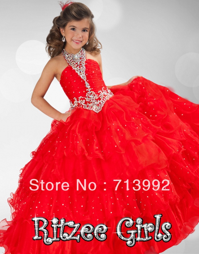 red halter ruched satin crystals beaded A-line long flower girl dress,freeshipping 3T-12T wedding party pageant dress for kids