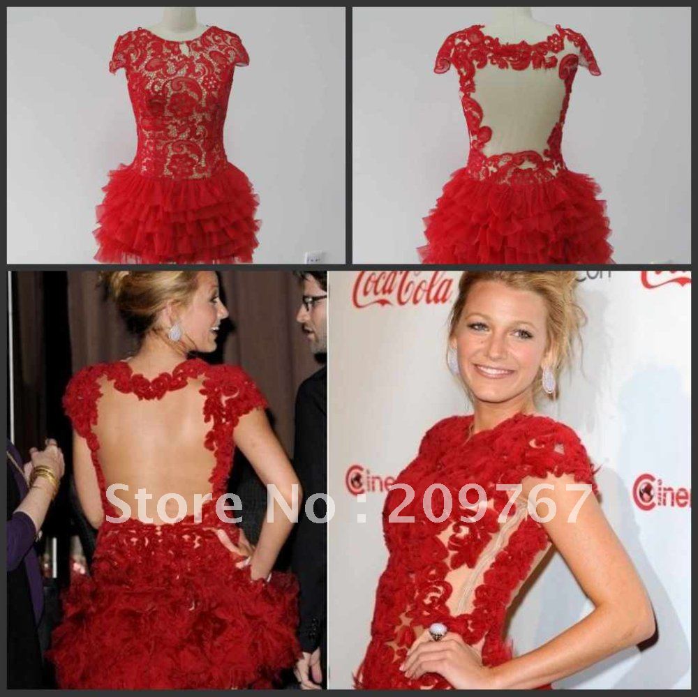 Red Jewel A-line Lace& Organza Short Sleeves Mini/Short Celebrity Dresses Popular Prom/Evening Gown