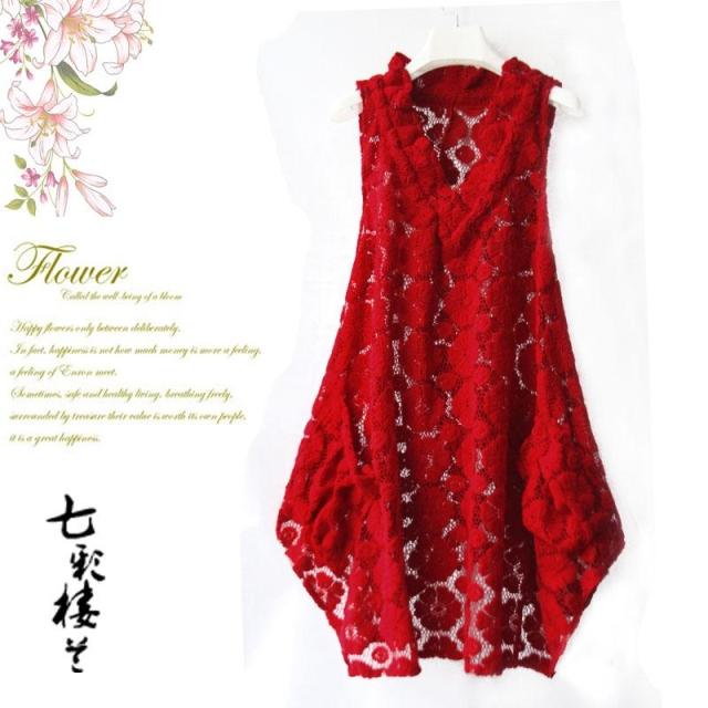 Red lace vest shirt black plus size tank dress loose red skirt cutout one-piece dress irregular sweep
