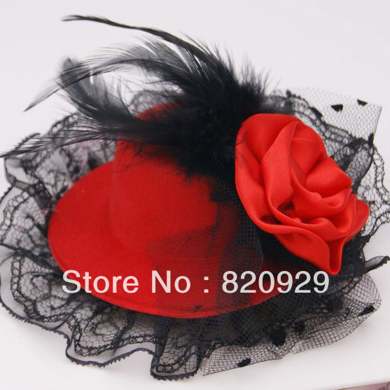 Red lacebowknot flower feather Bridal hats