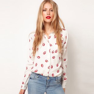 Red Lips Prints Casual Shirts Women Chiffon White Blouses Button-up Brand Formal Sexy Shirt Long sleeve Tees Collar Ladies' Top