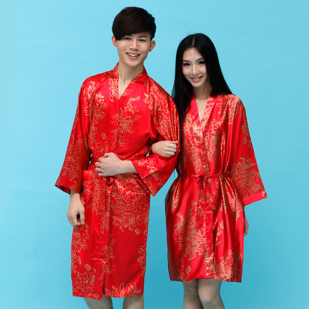 Red married festive summer lovers robe faux silk male women's sleepwear sexy long-sleeve silk bathrobes