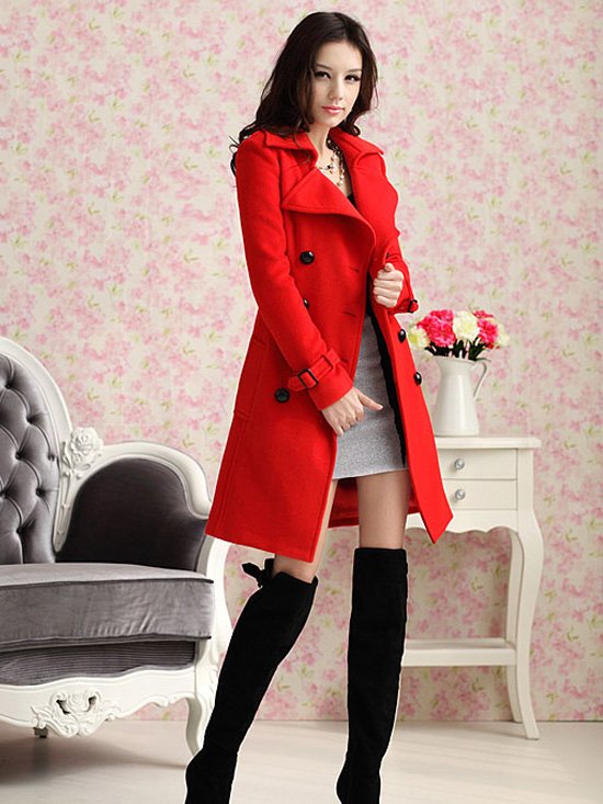 Red Medium-long Cashmere Wool Coat Female Double-Breated Trench ,Belted Winter and Autumn Outerwear S-L women's